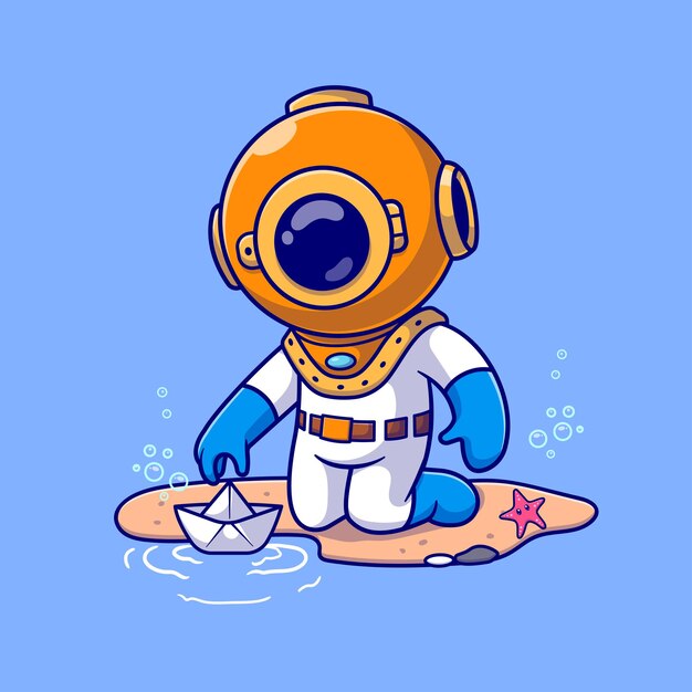 Buceador lindo jugando a barco de papel en la playa Icono vectorial de dibujos animados Ilustración de ciencia Vacaciones aisladas