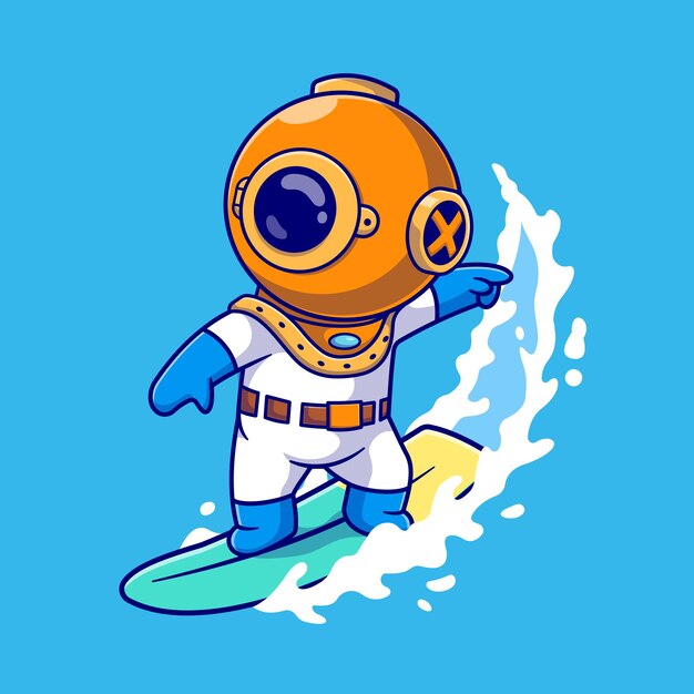 Buceador lindo surfeando en la ilustración del icono del vector de dibujos animados del océano. Concepto de icono de ciencia deporte aislado