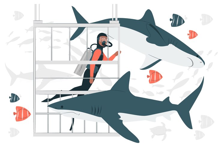 Vector gratuito buceo con ilustración de concepto de tiburones