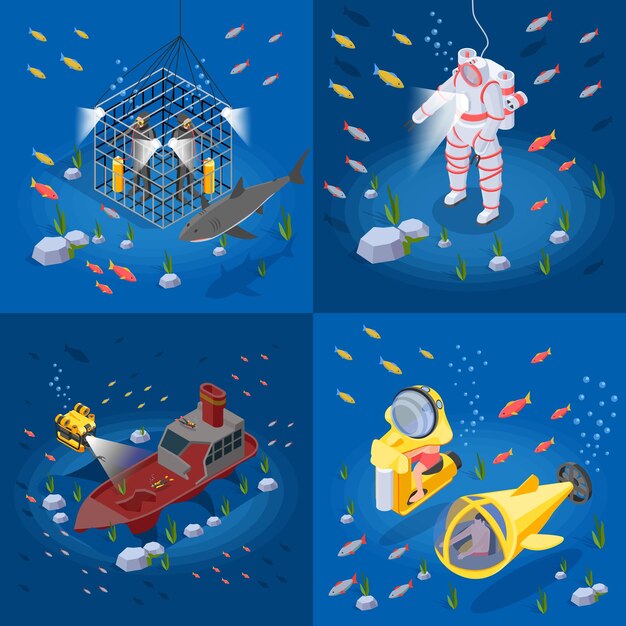 Buceo isométrico 2x2 concepto de diseño conjunto de equipos para el estudio de la ilustración de vector de vida de animales marinos