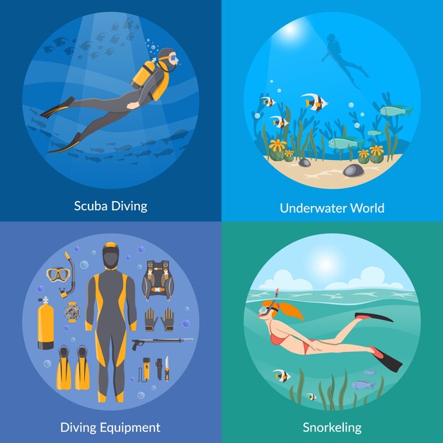 Buceo y snorkel con elementos y personajes.