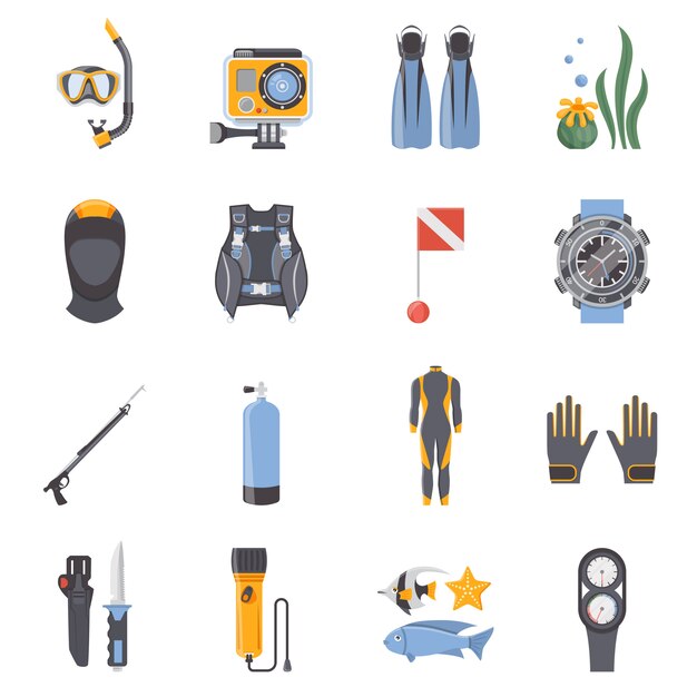 Buceo y snorkeling iconos decorativos planos