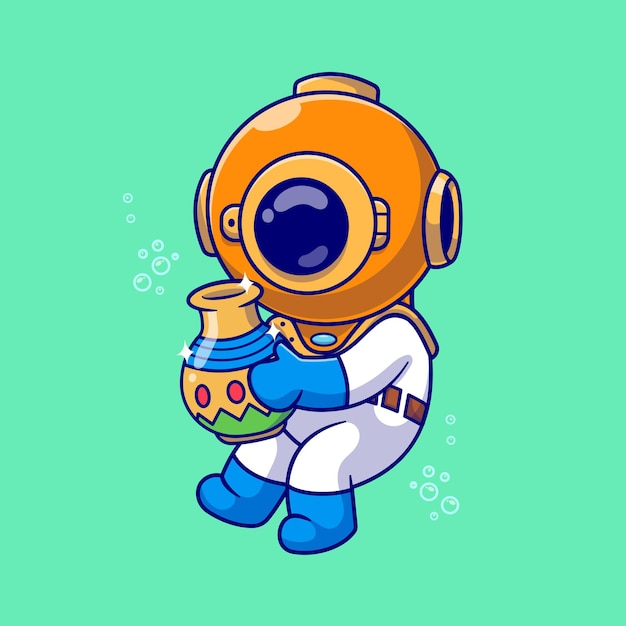 Buen buzo sosteniendo un jarrón tesoro icono vectorial de dibujos animados ilustración objeto científico aislado plano