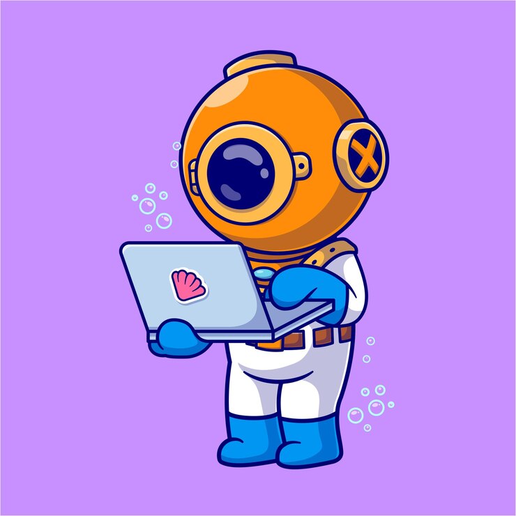 Vector gratuito buen buzo trabajando en una computadora portátil dibujos animados icono vectorial ilustración ciencia tecnología aislado plano