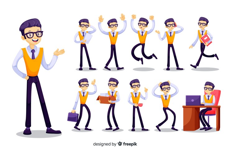 Vector gratuito buen hombre de negocios haciendo diferentes acciones