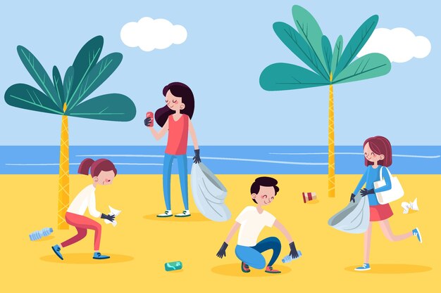 Buena gente ilustrada limpiando la playa juntos