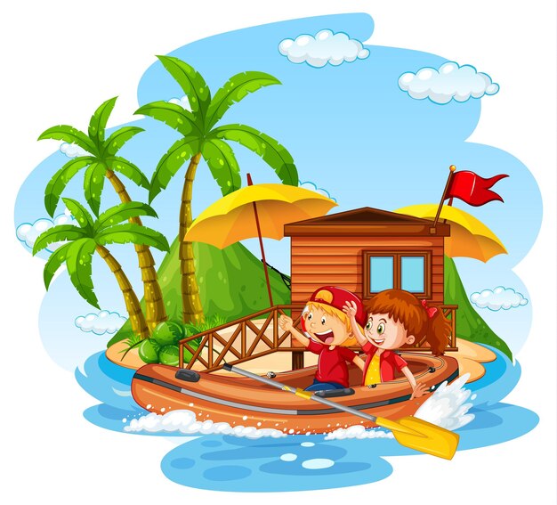 Bungalow en la isla con niños en barca hinchable