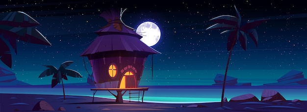 Vector gratuito bungalow de noche en isla tropical