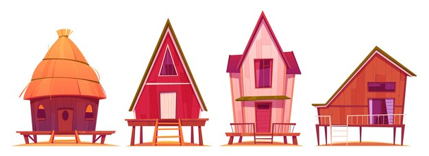 Bungalows, casas de verano en la playa sobre pilotes con terraza, edificios privados de madera, villas, hotel, cabañas, casas residenciales, apartamentos, propiedad viva, ilustración vectorial de dibujos animados, conjunto de iconos aislados