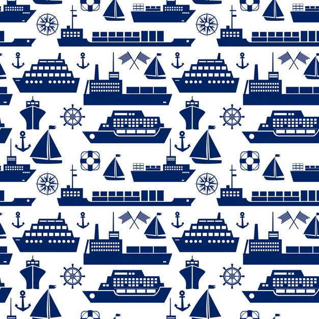 Buques y barcos patrón de fondo transparente marino con iconos de vector de silueta de un crucero yate velero buque portacontenedores cisterna carguero ancla semáforo banderas naves rueda cuadrado