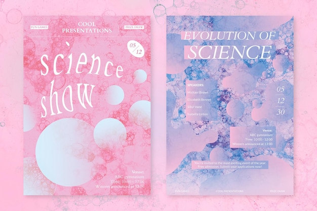 Burbuja arte ciencia plantilla vector evento estético anuncios carteles doble conjunto