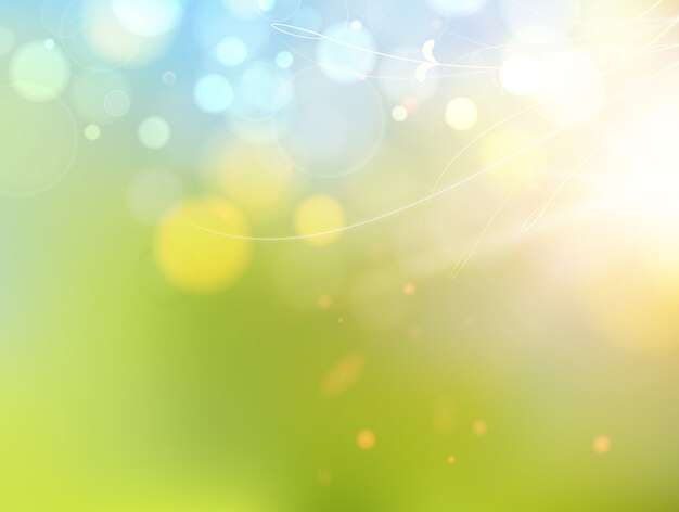 Burbujas de bokeh y destello del sol sobre un fondo azul