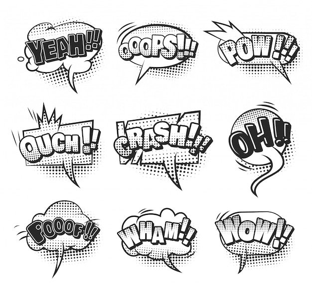 Burbujas de discurso brillantes cómicas con nubes de palabras coloridas y efectos de humor de medios tonos