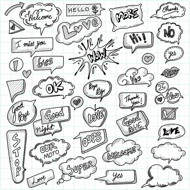 Burbujas de discurso cómico dibujadas a mano con diseño de boceto de mensaje popular