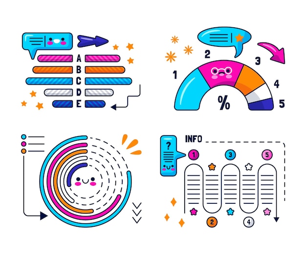 Burbujas de discurso kawaii, flechas y pegatinas de elementos infográficos