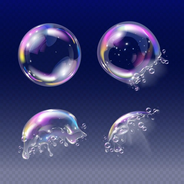 Burbujas de espuma de jabón realistas en diferentes etapas en explosión en ilustración vectorial aislada de fondo transparente