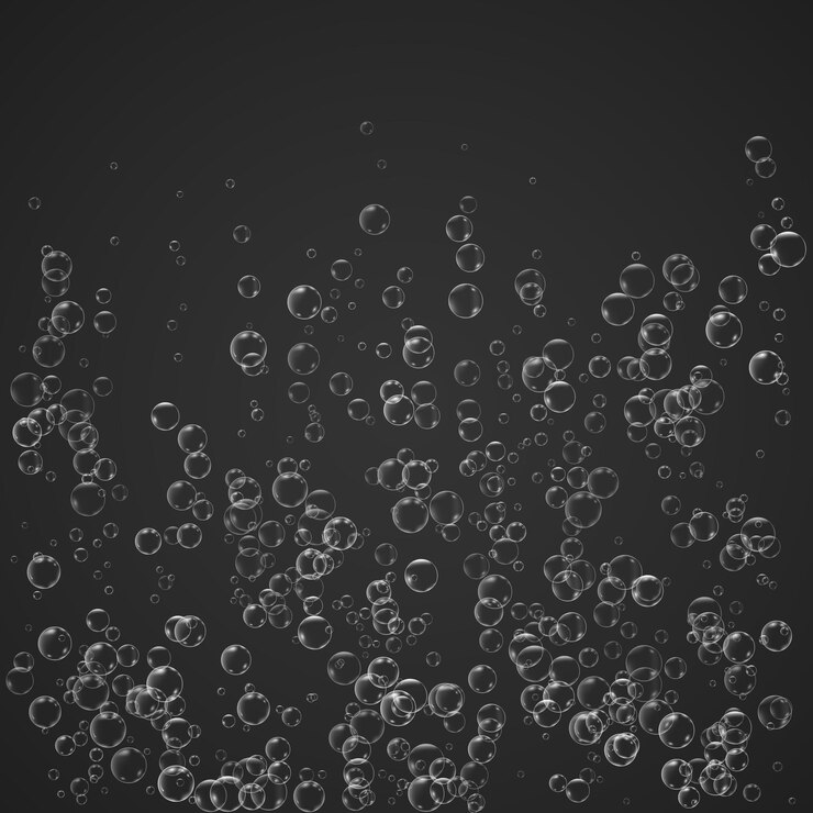 Las burbujas fluyen bajo el agua el aire burbujeante brilla soda pop champán vector sobre fondo transparente