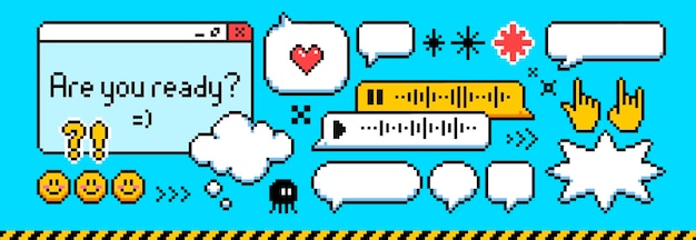 Burbujas de habla de arte de píxeles y conjunto de emoticones