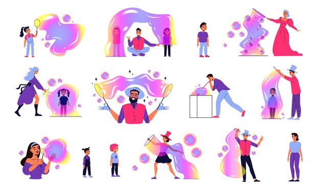 Las burbujas de jabón muestran iconos planos de color establecidos ilustración vectorial aislada