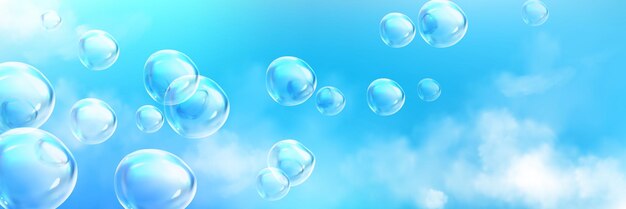 Burbujas de jabón realistas volando alto en el cielo azul con nubes blancas esponjosas Ilustración vectorial de bolas transparentes flotando en el aire bolas de espuma de lavandería con superficie brillante Símbolo de libertad felicidad