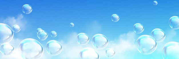 Burbujas de jabón realistas volando alto en el cielo azul con nubes blancas esponjosas Ilustración vectorial de bolas transparentes flotando en el aire bolas de espuma de lavandería con superficie brillante Símbolo de libertad felicidad
