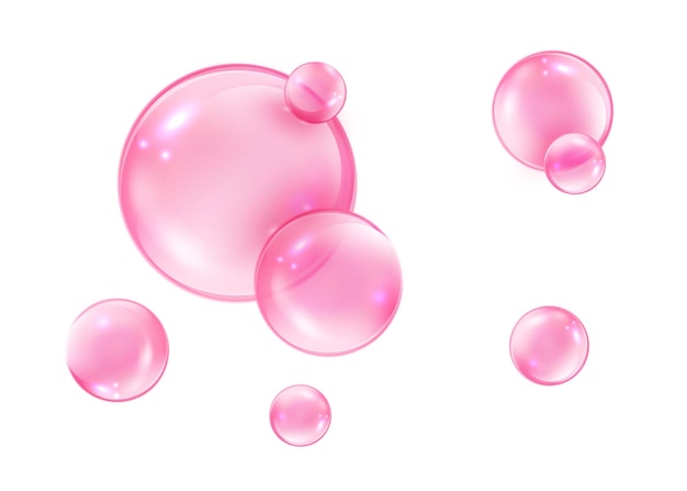 Burbujas rosas sobre fondo blanco. Burbujas de colágeno. Chispas gaseosas. Chicle.