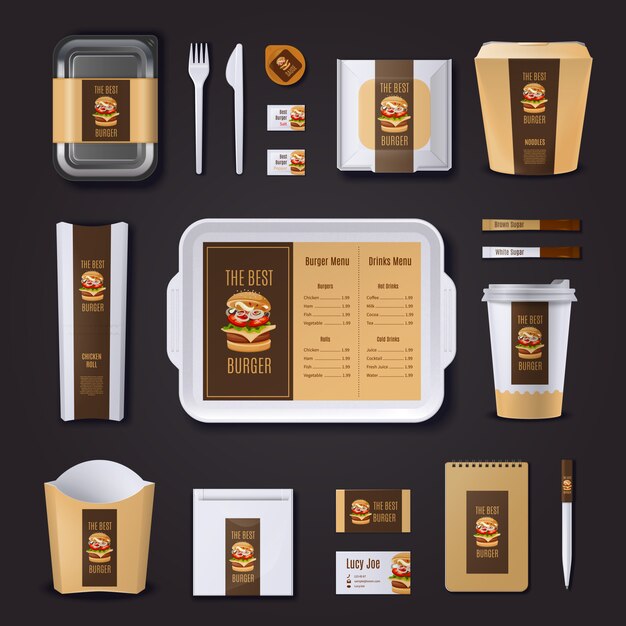 Burger bar identidad corporativa de empaques de papelería y tarjetas de presentación.