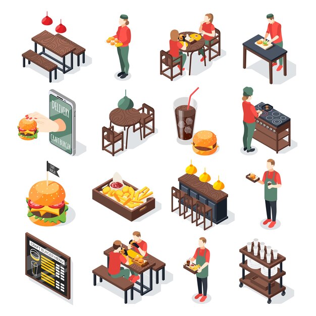Burger house isométrica recolor conjunto de iconos aislados imágenes de alimentos y personajes de trabajadores de restaurantes de comida rápida ilustración vectorial