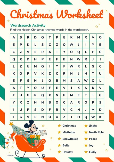 Busca de palabras de Mickey Mouse Hoja de trabajo navideña