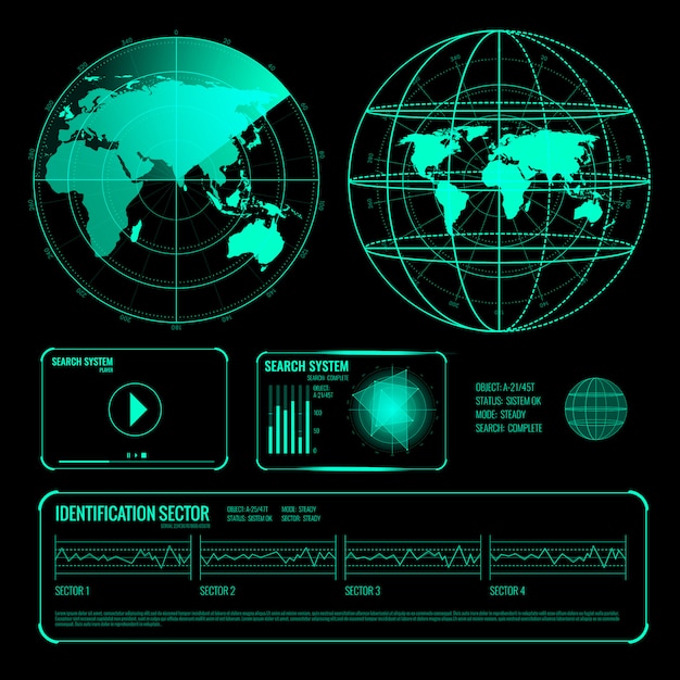 Buscar radar pantalla conjunto de elementos azules