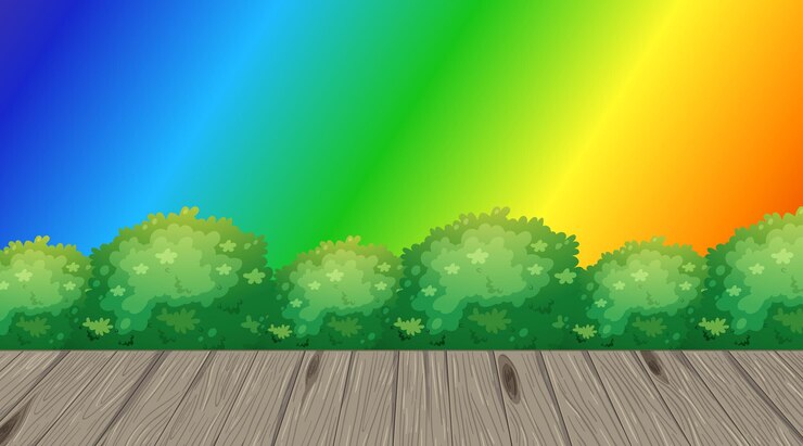 Vector gratuito bush y piso de madera sobre fondo degradado de arco iris