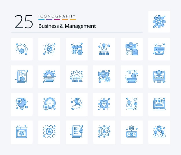 Business And Management 25 paquete de iconos de color azul que incluye la estructura jerárquica de la red de engranajes de la bolsa de negocios