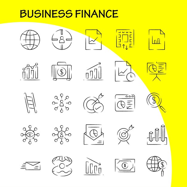 Business Finance Hand Drawn Icon Pack para diseñadores y desarrolladores Iconos de bolsa Maletín Business Fashion Finance Business Eye Mission Vector