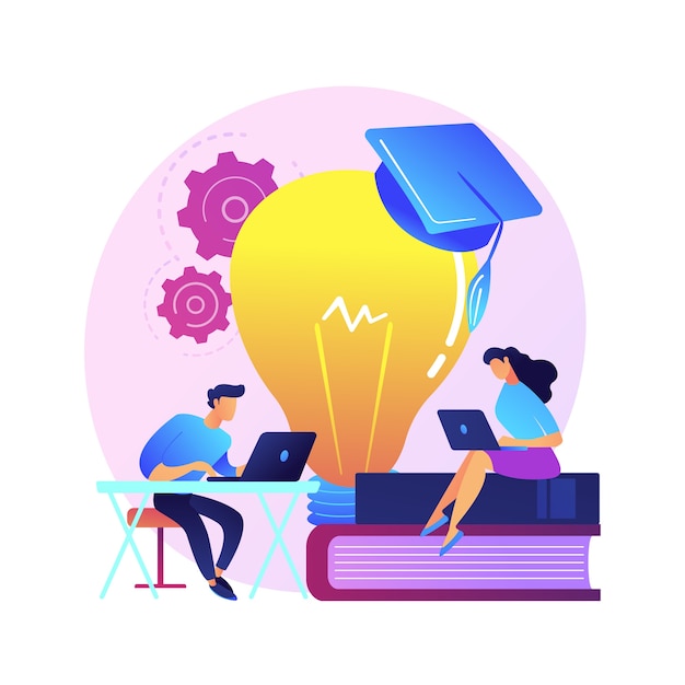 Búsqueda en línea de datos interesantes sobre química. Autoeducación, preparación de exámenes, navegación por Internet. Personajes de hombre y mujer navegando por el sitio web científico.