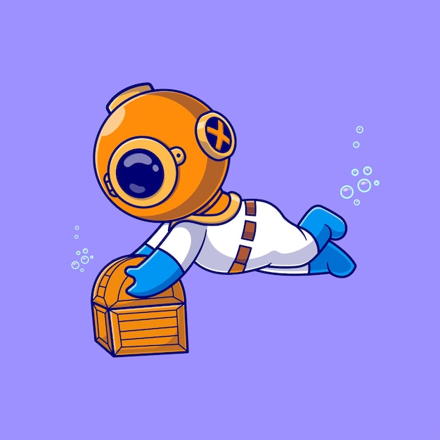 Vector gratuito un buzo lindo sosteniendo un tesoro icono vectorial de dibujos animados ilustración de ciencia icono de objeto aislado plano