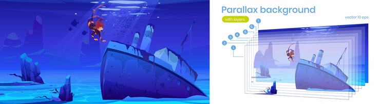 Vector gratuito buzo de mujer con máscara y barco hundido bajo el agua en el mar o el océano. fondo de paralaje de vector con capas de paisaje submarino de dibujos animados con niña en traje de buceo y barco de vapor naufragado