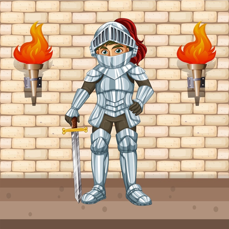 Vector gratuito caballero con armadura con espada plateada