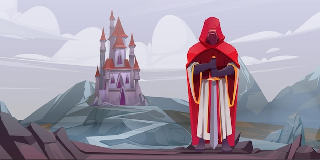 Caballero de pie con espada en el fondo del castillo medieval. Ilustración de cuento de hadas de dibujos animados de vector de guerrero o paladín en manto rojo y valle de montaña de piedra con palacio real en roca