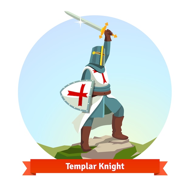Caballero templario en armadura con escudo y espada
