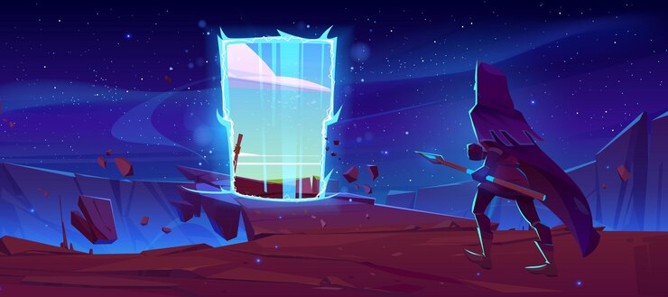 Vector gratuito caballero ve al portal mágico por la noche.