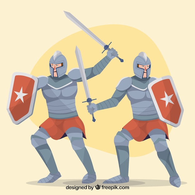 Caballeros de armadura con espada y escudo 