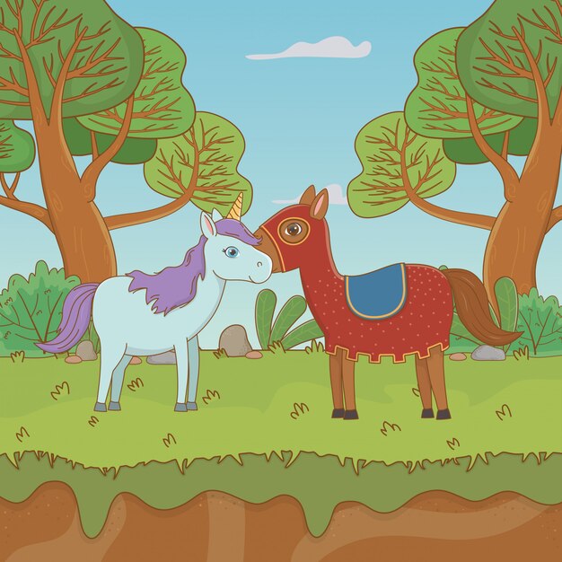 Caballo medieval y unicornio de cuento de hadas.