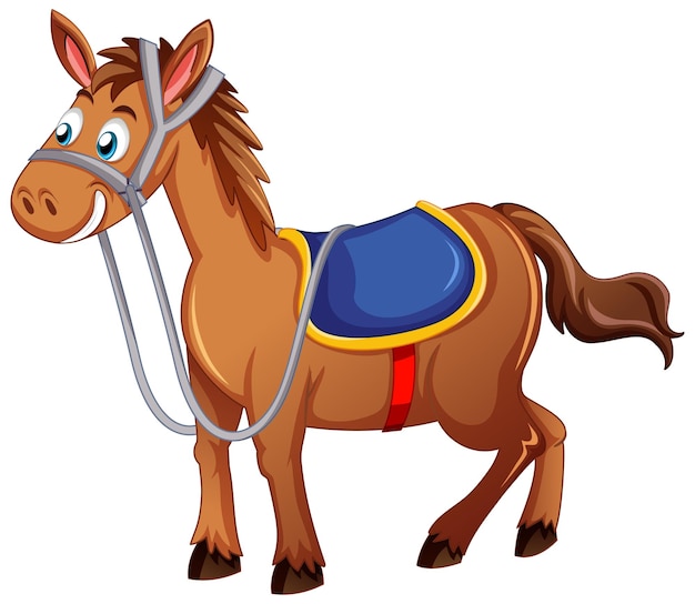 Vector gratuito un caballo con personaje de dibujos animados de silla de montar sobre fondo blanco