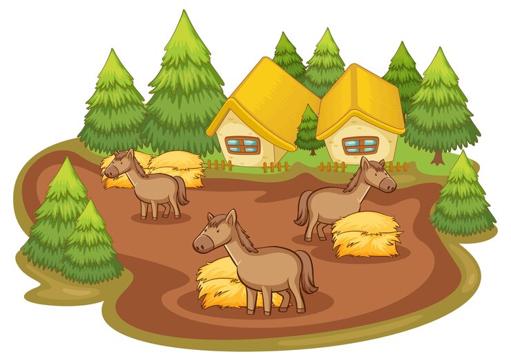 Vector gratuito caballos y casas sobre fondo blanco.