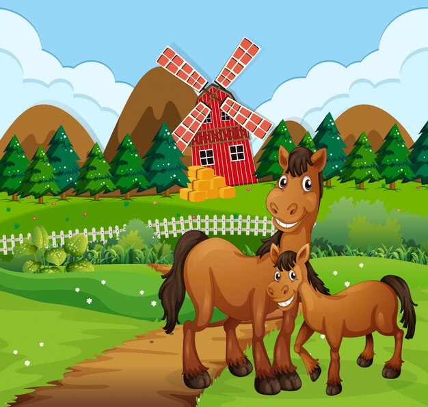 Caballos en escena de la granja