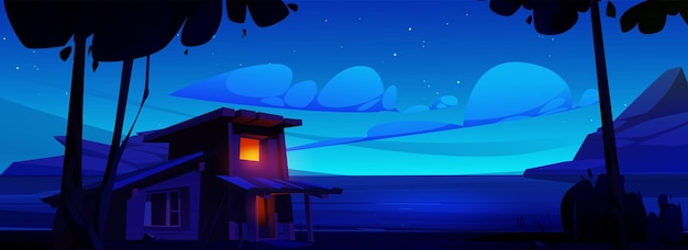 Vector gratuito cabaña de madera en la orilla de un lago o río con fondo de colinas de montaña por la noche paisaje nocturno de dibujos animados casa de madera con luz de ventanas árboles y cielo con nubes horizonte pacífico