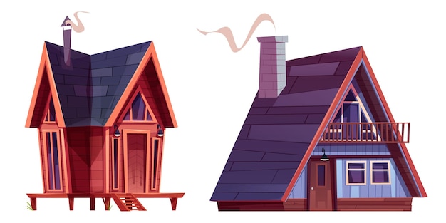 Cabaña de madera con puertas, ventanas y chimenea. conjunto de ilustraciones vectoriales de dibujos animados de pequeña casa y cabaña de madera. cabaña forestal o chalet de montaña. edificio rural para vacaciones de invierno o verano en el campo.