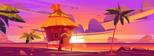 Cabaña en la playa o bungalow en la hermosa puesta de sol en la isla tropical