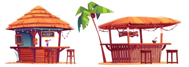 Cabañas de bares de playa con cócteles en el mostrador