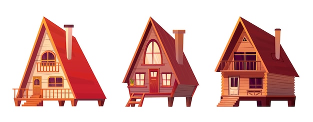Cabañas casas de madera en pueblo de montaña del bosque
